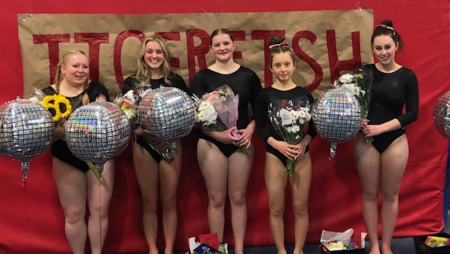 ihstigers's tweet photo. 🎉Our Co-Op Gymnastics team with Gloucester had their senior night this past Friday evening. Congratulations Bella, Abbie, Madeline, Molly, Sarah and thank you parents! #TigerFish @FishermenGhs @newsthatslocal https://t.co/gZ0jZuVhhk