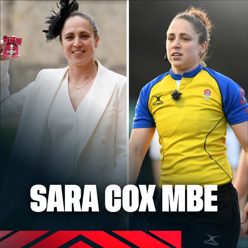 EnglandRugby's tweet photo. 🎖️ @SaraCoxRef MBE 👏

Congratulations to a real trailblazer: the world's first female professional rugby referee who has officiated at the @RugbyWorldCup, @SixNationsRugby &amp; @Olympics - among many others - in a superb career 🙌

Tap below for more information ⬇️