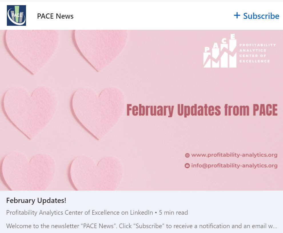 Feb #newsletter ! This month we have our PACE Telecom Profitability Webinar and meeting on February 8th and Alternative Thinking About Product Pricing on February 22nd.  tinyurl.com/5n9ydda3
Look for #OrganizationalExcellence #webcasts and #podcasts too. 
<a href="/SeanSteinSmith/">Dr Sean Stein Smith</a>