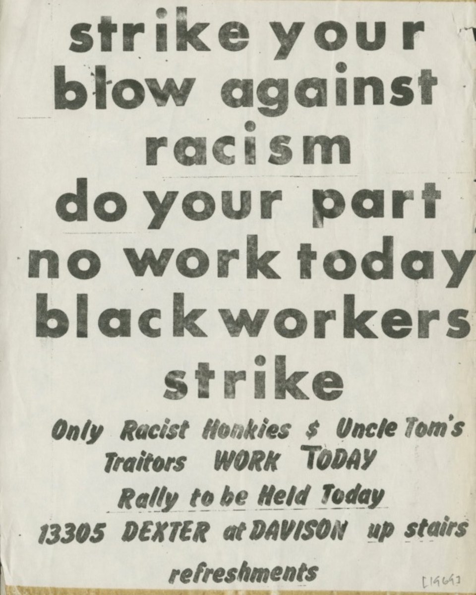 UAW's tweet image. "DRUM flyers for wildcat strike and rally, 1969. The wildcat strike, a strike undertaken by union workers without union authorization, became DRUM’s tool for addressing the grievances Black workers faced in Detroit’s factories." @ReutherLibrary
#BlackHistoryMonth #UAW
