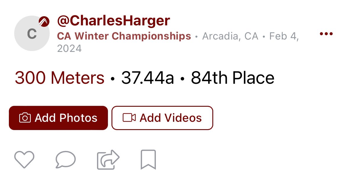 CharlesHargerTF's tweet photo. CA State Winter Championship @ Arcadia

February 3rd, 2024

New 600m PR! 

Finals: 
300m - 37.44 | 84th/107 People
600m - 1:27.59 PR | 55th/103 People

#arcadia #winterchampionship #trackandfield #classof2026 #Recruiting #track #fast #run #PR https://t.co/3drv1IFO73