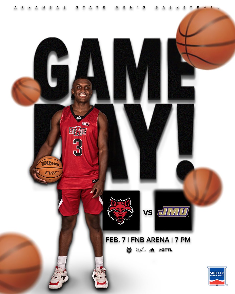 AStateMB's tweet photo. It’s 𝐆𝐀𝐌𝐄𝐃𝐀𝐘‼️

🆚 James Madison
🕖 7 PM
📍 Jonesboro
🏟️ FNB Arena
📺 https://t.co/NVGnHaLzVk 
📊 https://t.co/yuHpNZwHQn 
📻 https://t.co/NJ1W254nAG 

#GTTL | #WolvesUp https://t.co/JwarQ6VQXT