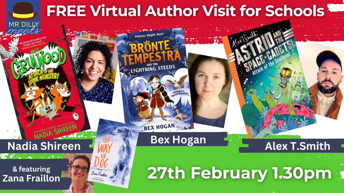 An exciting FREE author school visit happening for #schools #teachers #librarians! @mrdillypresents meets Nadia Shireen, Alex T.Smith, Bex Hogan; featuring our wonderful author @ZanaFraillon! Book NOW: tinyurl.com/4mw87tn2