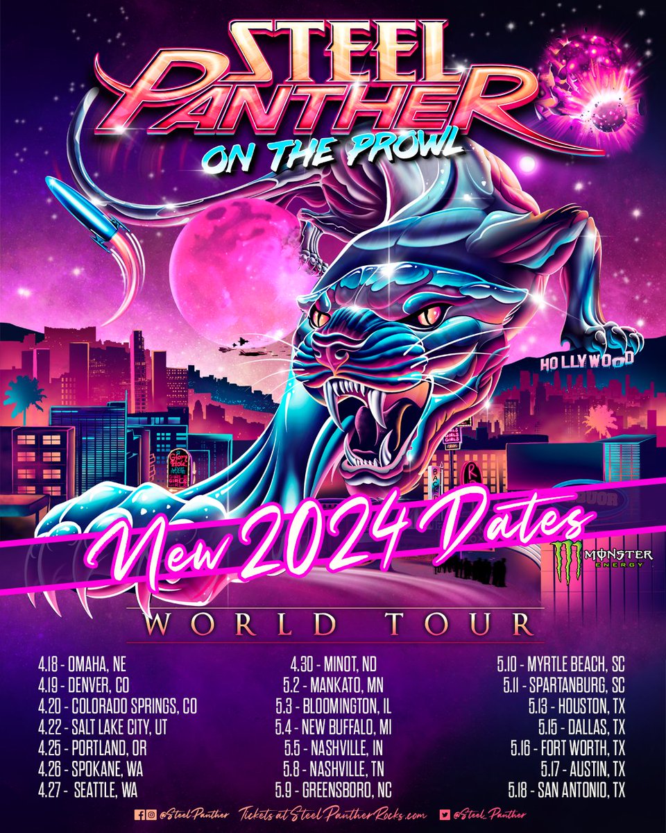 🚨 NEW DATES ANNOUNCED 🚨
We've added FIVE MORE SHOWS to the April/May leg of the On The Prowl World Tour and, Texas, they all belong to YOU!!  <a href="/FanthersCOM/">Steel Panther Fans</a> pre-sale kicks off TODAY at Noon ET!  Tickets on sale Friday!!