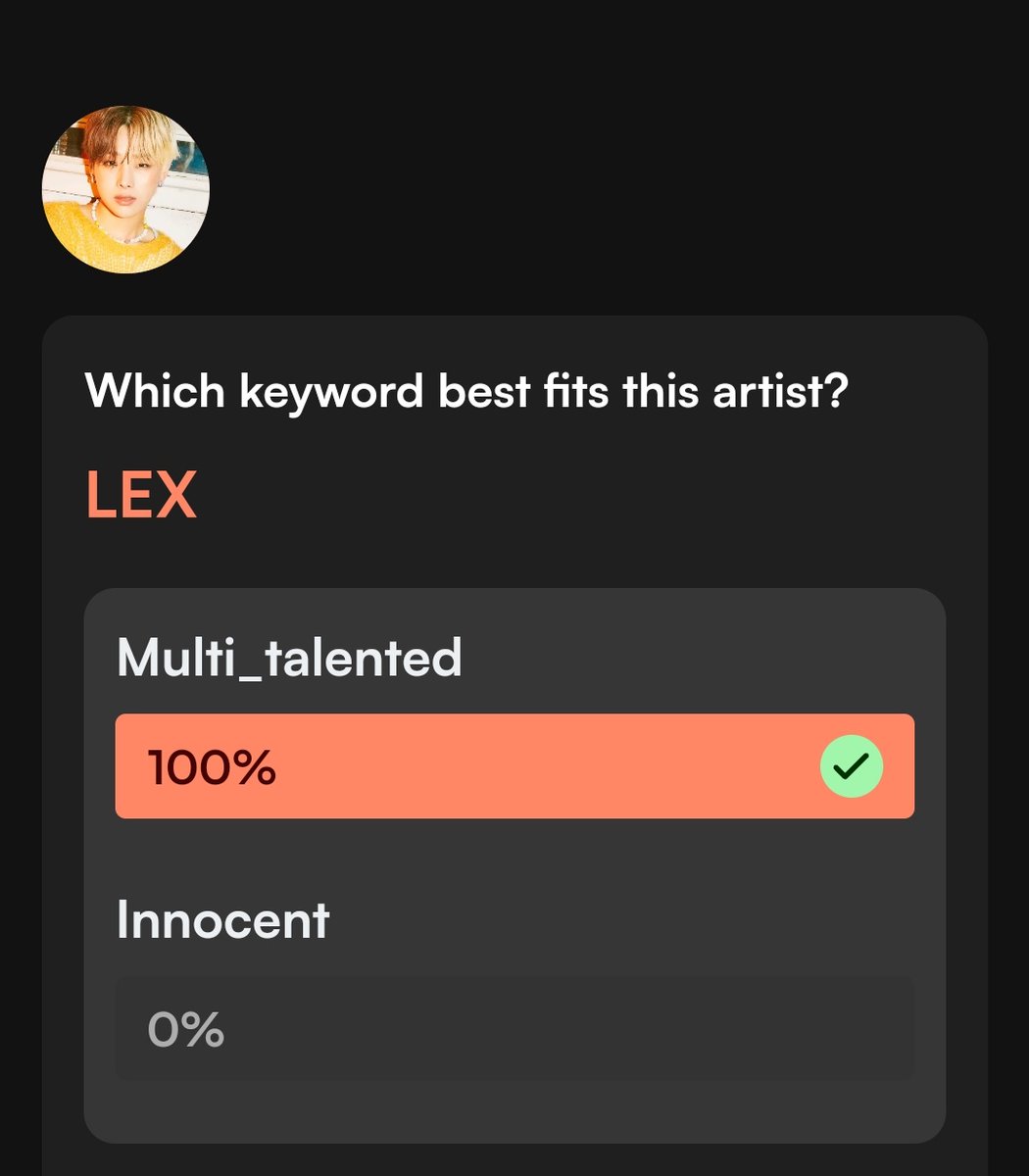 duranghae_'s tweet photo. I chose #Multi_talented for "LEX"
It's winning over #Innocent
What’s your choice? Join in and give it a try!
#KookyKeywordGame @kooky__official https://t.co/F46SkWEXsU