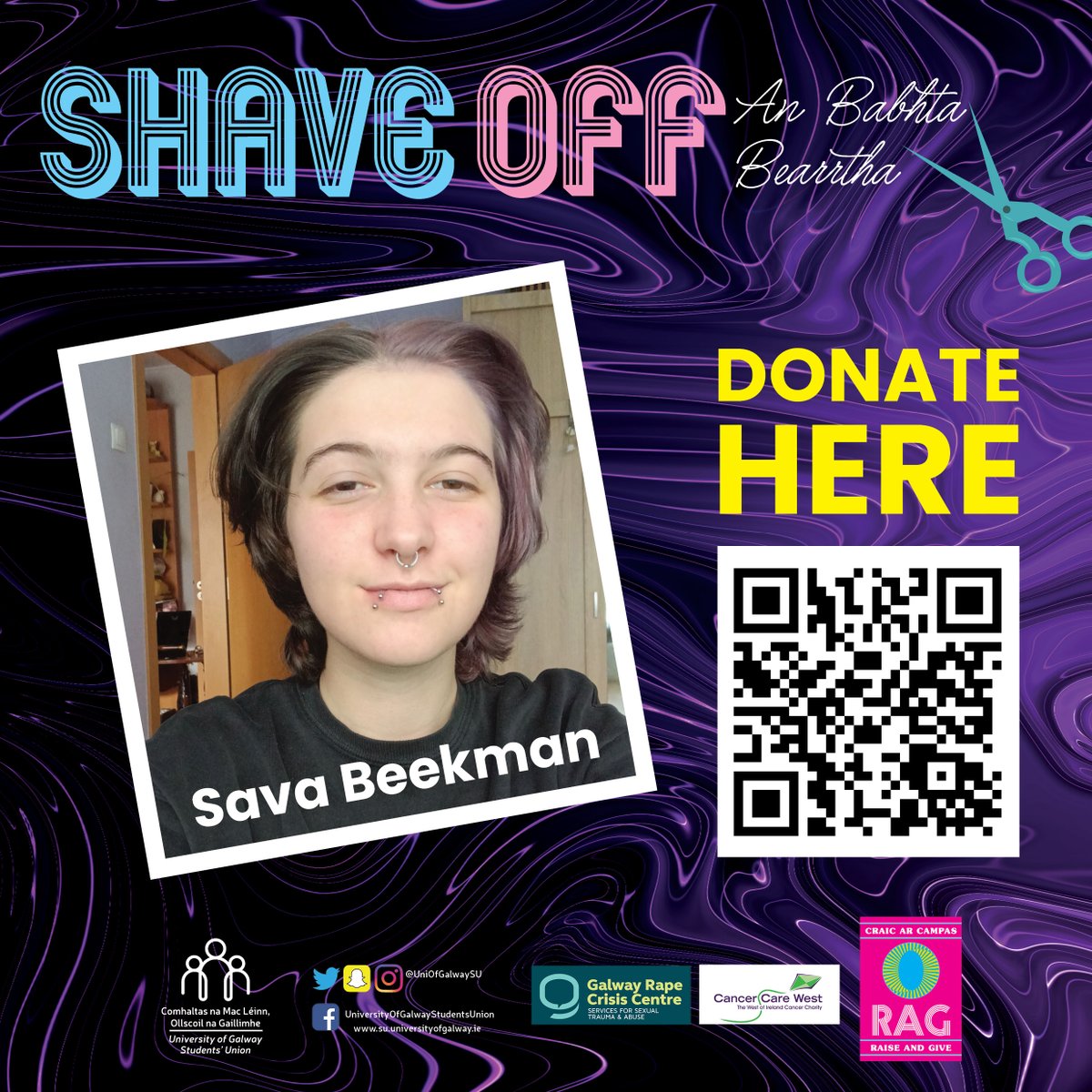 UniOfGalwaySU's tweet photo. There's still time to join our Shave Off Team who will all be getting free haircuts on Donegal Tuesday to raise funds for Galway Rape Crisis Centre and Cancer Care West
✂️Sign up here:
https://t.co/tV4G9NOU9l
#DoChomhaltas #RaiseandGiveWeek #RAGWeek https://t.co/BHWuxIogFu