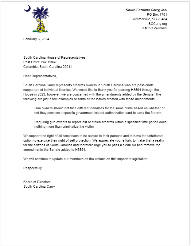 SC_Carry's tweet image. We join with Palmetto Gun Rights @SCGunRights, @GunOwners of America, and National Association for Gun Rights @NatlGunRights in opposing the Senate's amendments to #H3594.
