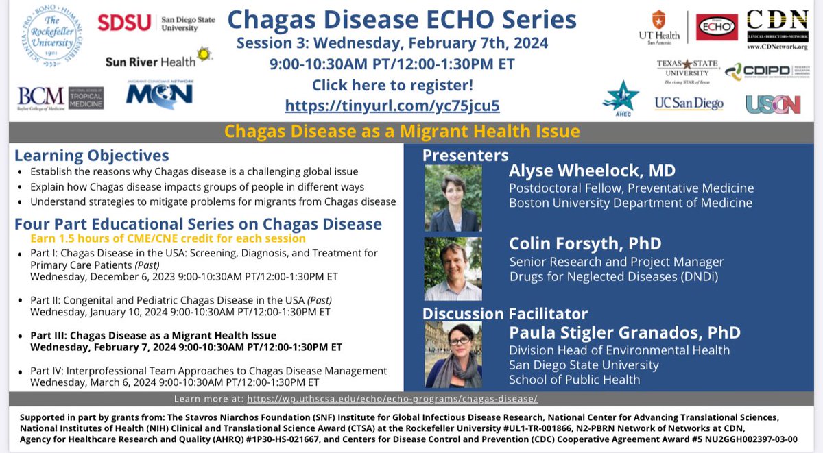 TexasChagasTaskforce (@chagastexas) on Twitter photo Join us today for our #ECHO session on #Chagas disease in the U.S. and migrant health. With <a href="/DNDi/">Drugs for Neglected Diseases initiative</a> Dr Colin Forsyth and <a href="/AlyseWheelockMD/">Alyse</a>. To register: wp.uthscsa.edu/echo/echo-prog… <a href="/CDCGlobal/">CDC Global Health</a> <a href="/CDC_NCEZID/">CDC Emerging Infections</a> <a href="/CoalicionChagas/">Coalición Chagas</a> <a href="/ChagasBoston/">Chagas @ BU & BMC</a> <a href="/ReACHCntr/">UTHealthSA ReACH Center</a> <a href="/sdsuhealth/">SDSU School of Public Health</a> Join us today for our #ECHO session on #Chagas disease in the U.S. and migrant health. With <a href="/DNDi/">Drugs for Neglected Diseases initiative</a> Dr Colin Forsyth and <a href="/AlyseWheelockMD/">Alyse</a>. To register: wp.uthscsa.edu/echo/echo-prog… <a href="/CDCGlobal/">CDC Global Health</a> <a href="/CDC_NCEZID/">CDC Emerging Infections</a> <a href="/CoalicionChagas/">Coalición Chagas</a> <a href="/ChagasBoston/">Chagas @ BU & BMC</a> <a href="/ReACHCntr/">UTHealthSA ReACH Center</a> <a href="/sdsuhealth/">SDSU School of Public Health</a>