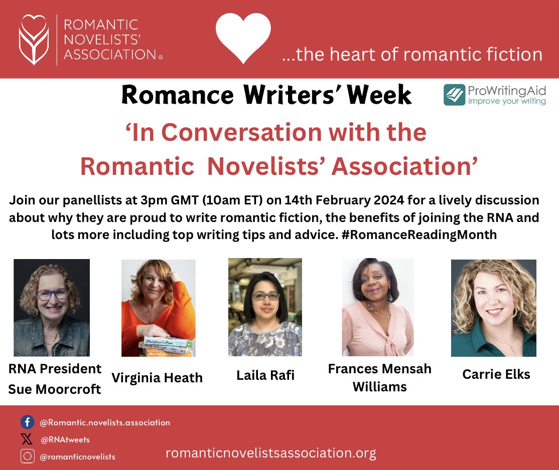 Join Romance Writing Week in association with @ProWritingAid A free, fun, informative online event with an experienced panel talking all things writing romance! Enrol here: prowritingaid.com/romance-week/s… @SueMoorcroft @LailaRafiAuthor @FrancesMensahW @CarrieElks @VirginiaHeath_