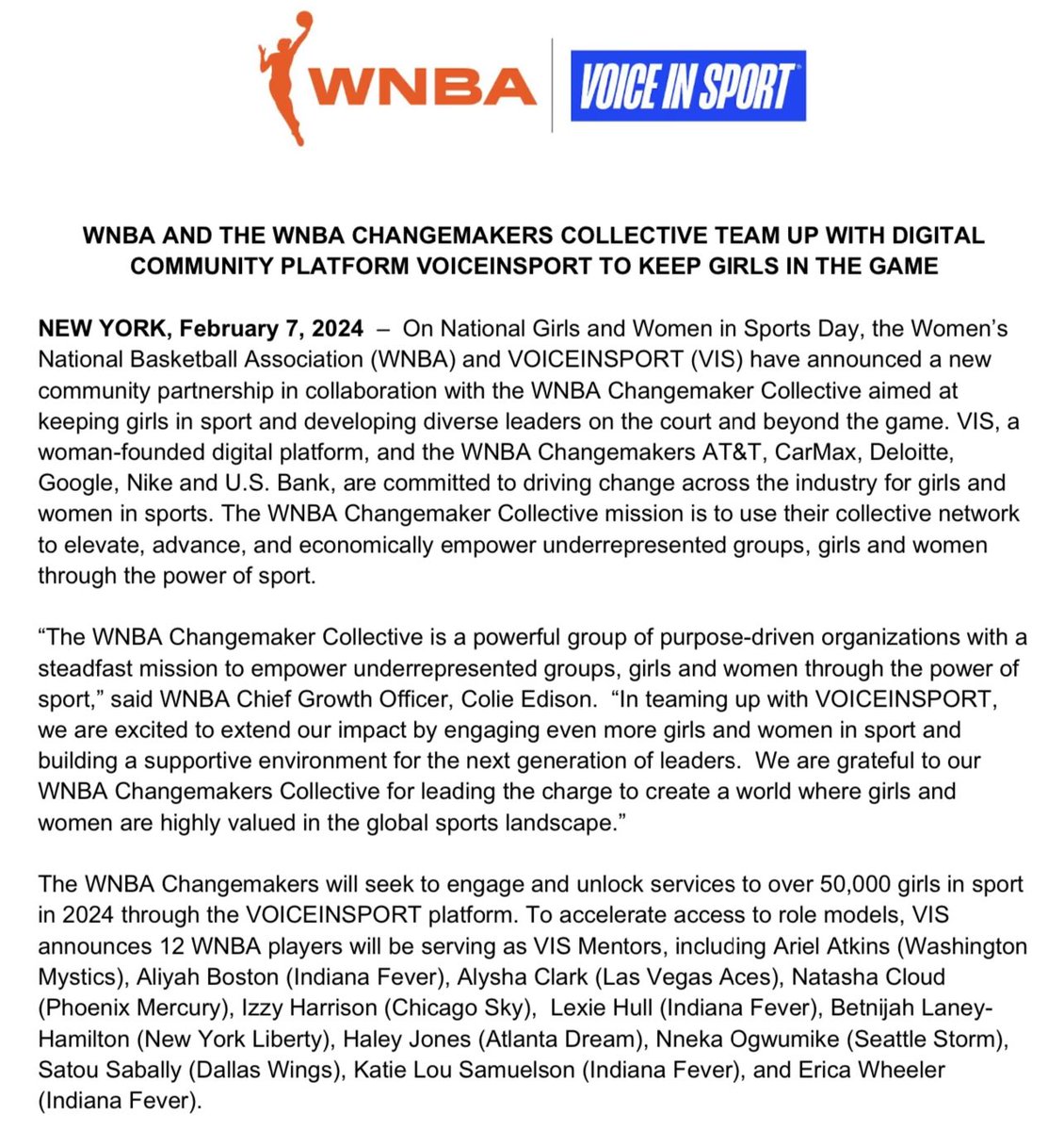 📩 INBOX:

The #WNBA and @voiceinsport are partnering together, along with 12 WNBA players in the Changemakers Collective, to bring services and support to 50,000 girls.

Players include Aliya Boston, Natasha Cloud, Betnijah Laney, Nneka Ogwumike, Satou Sabally and more.