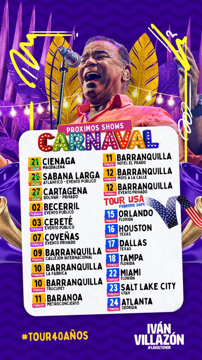 Iván Villazón Gira
Miér 7 cov
Vie 9Callejón 
Sáb 10La Fábrica 
Sáb 10Trucupey 
Dom 11Festival de Orq 
Dom 11 Hotel El Prado 
Lun12 Moys a la calle 
TOUR USA
Jue15 feb OrlaFl
Vier 16Houston 
Sáb 17 Dallas
Dom18Tampa 
Jue 22Miami Fl
Vier23Salt Lake City  Utah
Sábado 24Atlanta Gio