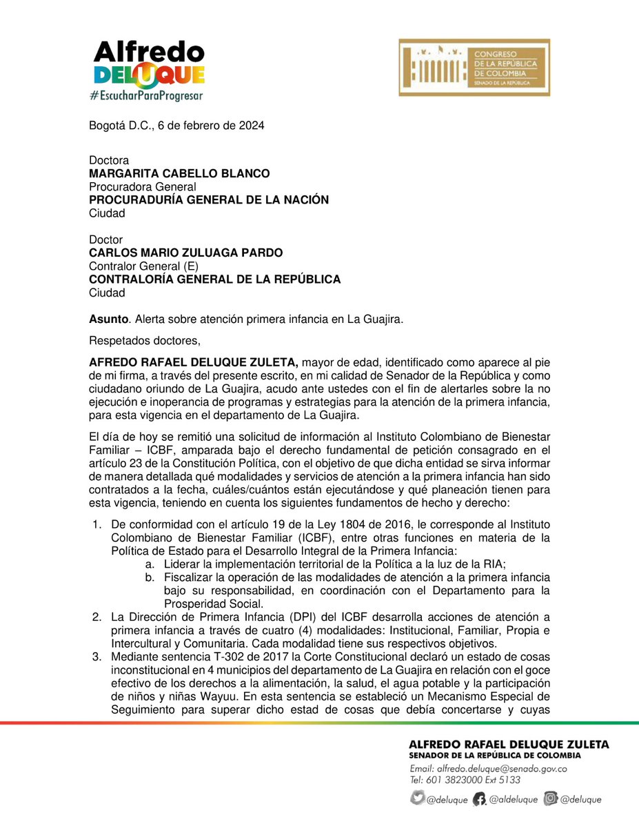 deluque's tweet photo. He pedido a la @PGN_COL, @CGR_Colombia y @DefensoriaCol que dentro de sus competencias, vigilen la operación de los programas del @ICBFColombia en La Guajira y tomen medidas urgentes tendientes a garantizar la pronta ejecución de los programas de alimentación y atención a la primera infancia en el departamento.