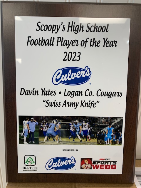 GOING UP in CULVER"S🏈🏈🏈🏈⚡️
<a href="/YatesDavin/">Davin Yates</a> Culver's Butter Burger Player of the Year Plaque <a href="/LC_Cougars/">Logan County Football</a> Thanks to <a href="/culvers/">Culver's Restaurants</a> BG,KY! Oak Tree Awards on the hardware. <a href="/coachadler/">Todd Adler</a>