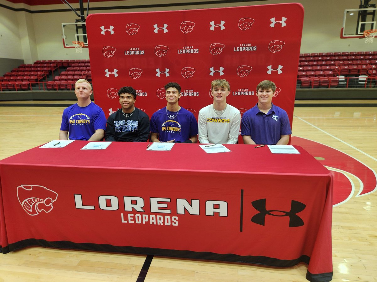 Congrats go out to the five <a href="/LorenaFootball/">LorenaFootball</a> standouts who signed to collegiate programs this morning.

<a href="/Wyatt_tripp/">Wyatt Jones</a> - Hardin Simmons

<a href="/Brayl0n_H3nry05/">Braylon Henry</a> - Hardin-Simmons

<a href="/KadenRob_11/">Kaden Roberts</a> - Hardin-Simmons

<a href="/CollinH98163820/">Collin Hill</a> - Hardin-Simmons

<a href="/KasenTaylor4/">Kasen Taylor</a> - Tarleton