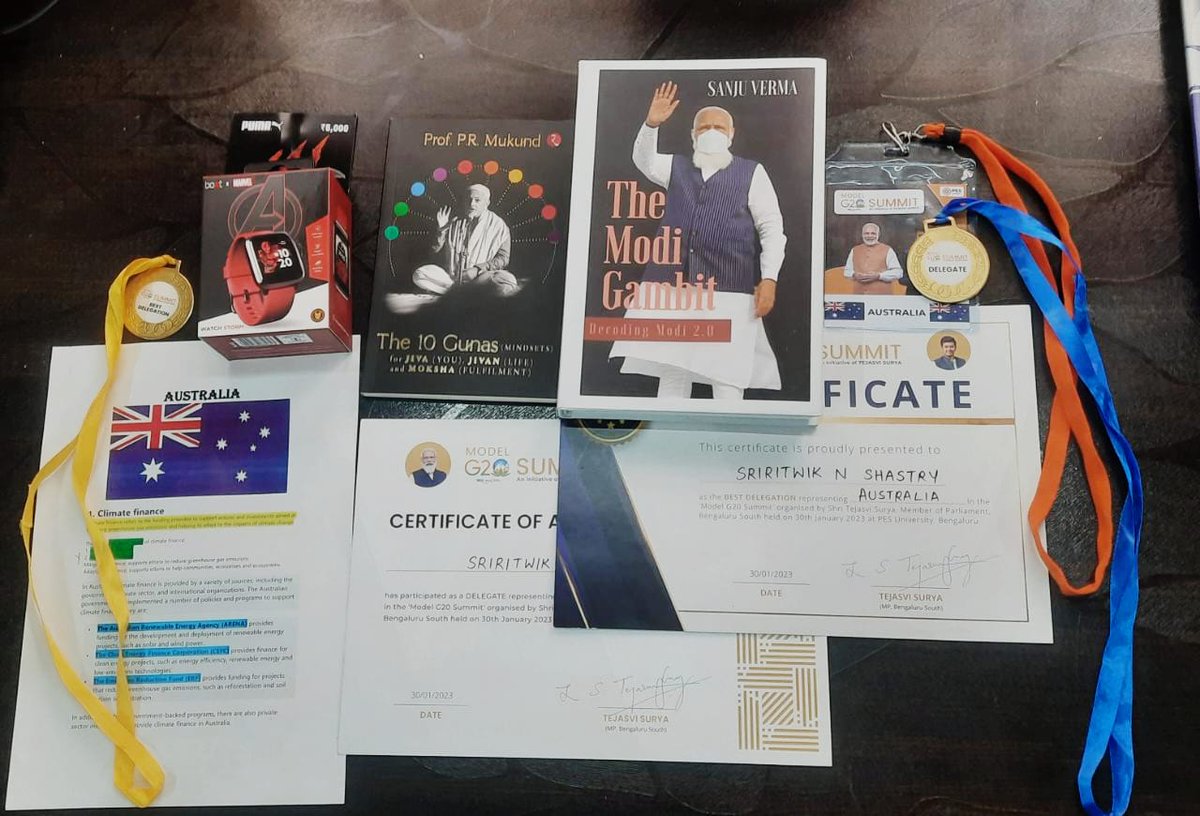 sanjayappannaik's tweet image. Namaste @Sanju_Verma_ ji, my daughter Sinchana participated in Model G20 Summit held in Bangalore, her team represented Argentina and she stood 2nd in the debate competition. She was presented with the book The Modi Gambit written by you, will read it.