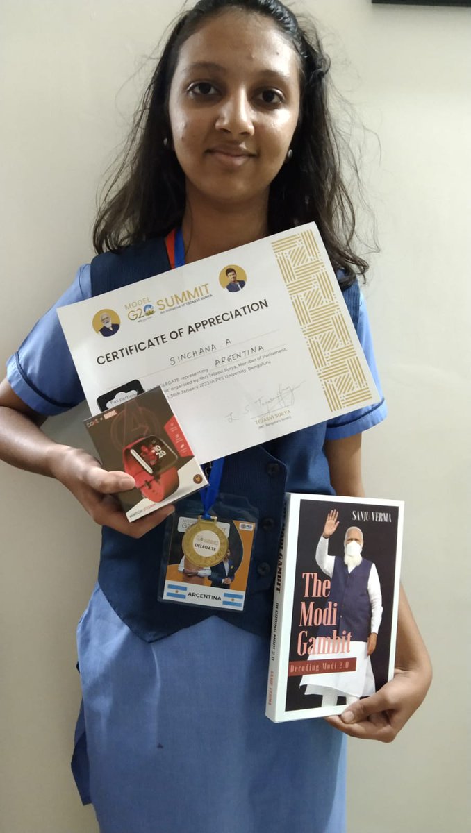 sanjayappannaik's tweet image. Namaste @Sanju_Verma_ ji, my daughter Sinchana participated in Model G20 Summit held in Bangalore, her team represented Argentina and she stood 2nd in the debate competition. She was presented with the book The Modi Gambit written by you, will read it.