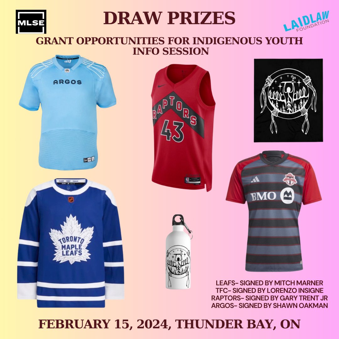 🚨 We're thrilled to announce an extraordinary draw prize lineup for our Thunder Bay visit, all thanks to MLSE! 🏒 Maple Leafs jersey- signed by Mitch Marner ⚽ TFC jersey- signed by Lorenzo Insigne 🏀Raptors jersey signed by Gary Trent Jr. 🏈Argos jersey signed by Shawn Oakman