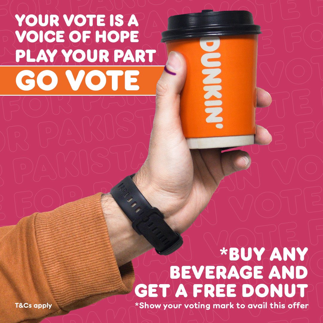 Dunkin_PK's tweet photo. 1/2
Don't let Election Day go to waste. Make your voice heard; go out and vote! Flaunt your voting mark and savor the sweet reward of a free donut on purchasing a beverage of your choice! https://t.co/l7vbh4ueLK