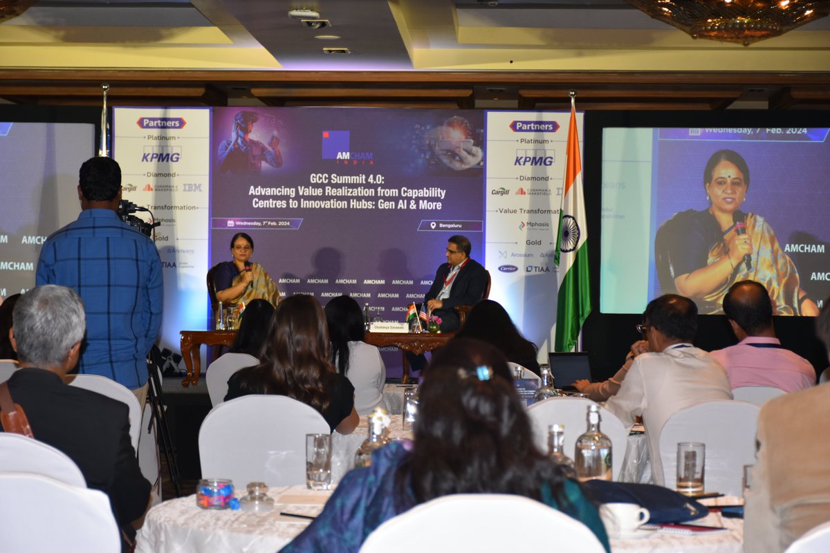 AmchamIndia's tweet image. Fireside Chat with @DrCaur @ITBTGoK @Govt_Karnataka &amp;amp; Mr. Chaitanya Sarawate
@GEHealthCare @GEHealthIndia. Discussion revolved around Future of GCCs in Bengaluru, BeyondBengaluru and policy interventions during AMCHAM&apos;s GCC Summit 4.0
#GenAI #policysupport #GCC #innovation