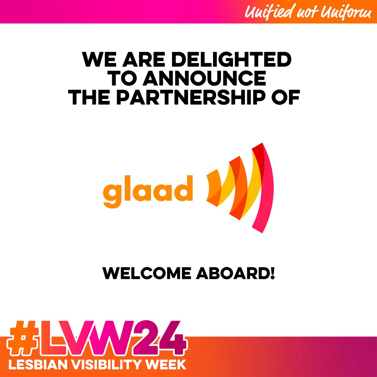 We are delighted to announce that the fabulous @glaad is one of our charity partners for #LVW24 🌈 Learn more about Lesbian Visibility Week: lesbianvisibilityweek.com