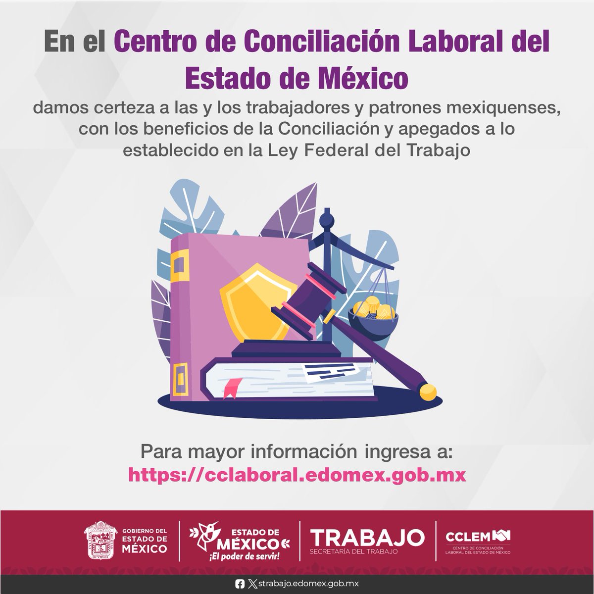 En el #CCLEM nuestro objetivo es lograr, a través de la #conciliación, la óptima y efectiva #JusticiaLaboral, apegándonos a la #LFT y dando certeza jurídica a las partes con la celebración de convenios equitativos donde se exalta la voluntad de las partes. #ServicioGratuito