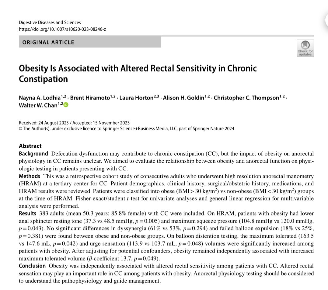 How may #obesity affect anorectal function in pts w/ chronic #constipation? Our new study: 💩Obesity 👉 altered rectal sensation on anorectal physiology testing 💩Anorectal dysfunction may be important contributor to hindgut symptoms in pts w/ obesity 🔗doi.org/10.1007/s10620…