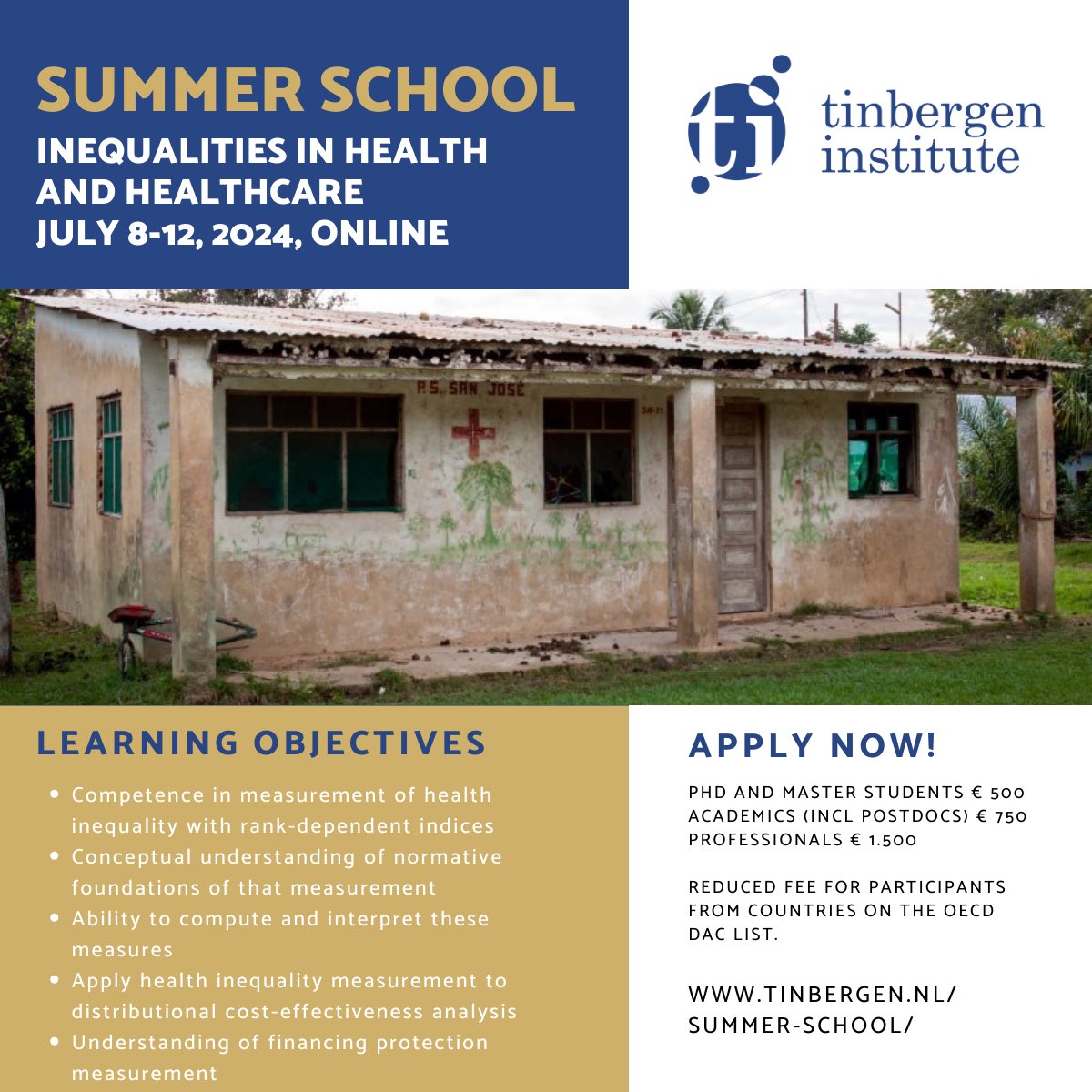 Tinbergen Institute (@researchti) on Twitter photo 2024 Summer School | Application for course Inequalities in Health and Healthcare is open!
Reduced fee for participants from countries on the OECD DAC list.
Date: July 8-12, 2024 ONLINE
Faculty: Owen O’Donnell and <a href="/TomVanOurti/">Tom Van Ourti</a> <a href="/ErasmusESE/">ErasmusESE</a>
Apply here: tinbergen.nl/inequalities-i… 2024 Summer School | Application for course Inequalities in Health and Healthcare is open!
Reduced fee for participants from countries on the OECD DAC list.
Date: July 8-12, 2024 ONLINE
Faculty: Owen O’Donnell and <a href="/TomVanOurti/">Tom Van Ourti</a> <a href="/ErasmusESE/">ErasmusESE</a>
Apply here: tinbergen.nl/inequalities-i…