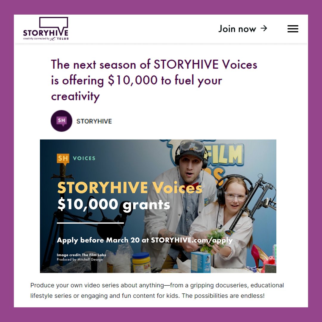 ICYMI: digital content creators in BC and Alberta are invited to apply to the STORYHIVE Voices program. Pitch a video series about anything in your local community, and you could get $10K to do it. More on the STORYHIVE blog. storyhive.com/blog/the-next-…