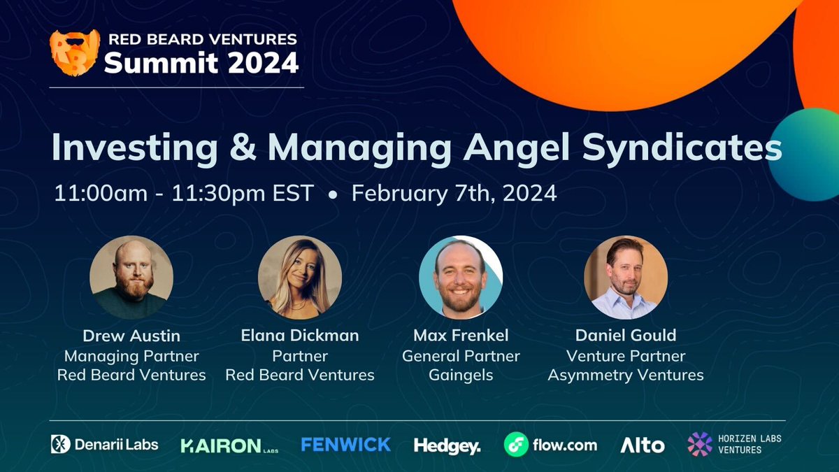 DrewAustin's tweet photo. 📢Calling all Angel Investors! Kicking off day 2 of #RBVSummit at 11 am ET w/ a panel on Angel Investing via Syndicates. I'll be hosting 3 syndicate mgrs; @ItsElanaGold of @RedbeardVC, Max Frenkel of @GaingelsVC and @waxorchard of Asymmetry.

Join us: https://t.co/70zR8N0xkQ https://t.co/UvM47dmpFl