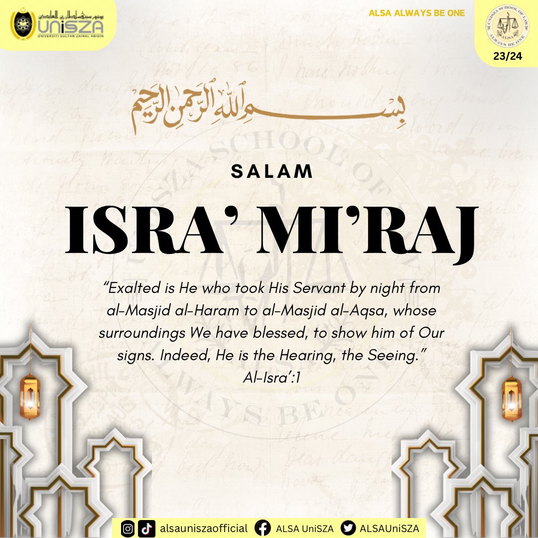 ALSAUniSZA's tweet photo. Greetings from ALSA UniSZA!

We want to take this opportunity to wish the Muslims a blessed Isra’ Mi’raj 🌙 

May this sacred occasion remind us that ‘with every hardship, there will be ease’ (Ash-Sharh:5). 

#ALSAAlwaysBeOne 
#ALSAUniSZA https://t.co/t7yazS1Qzx