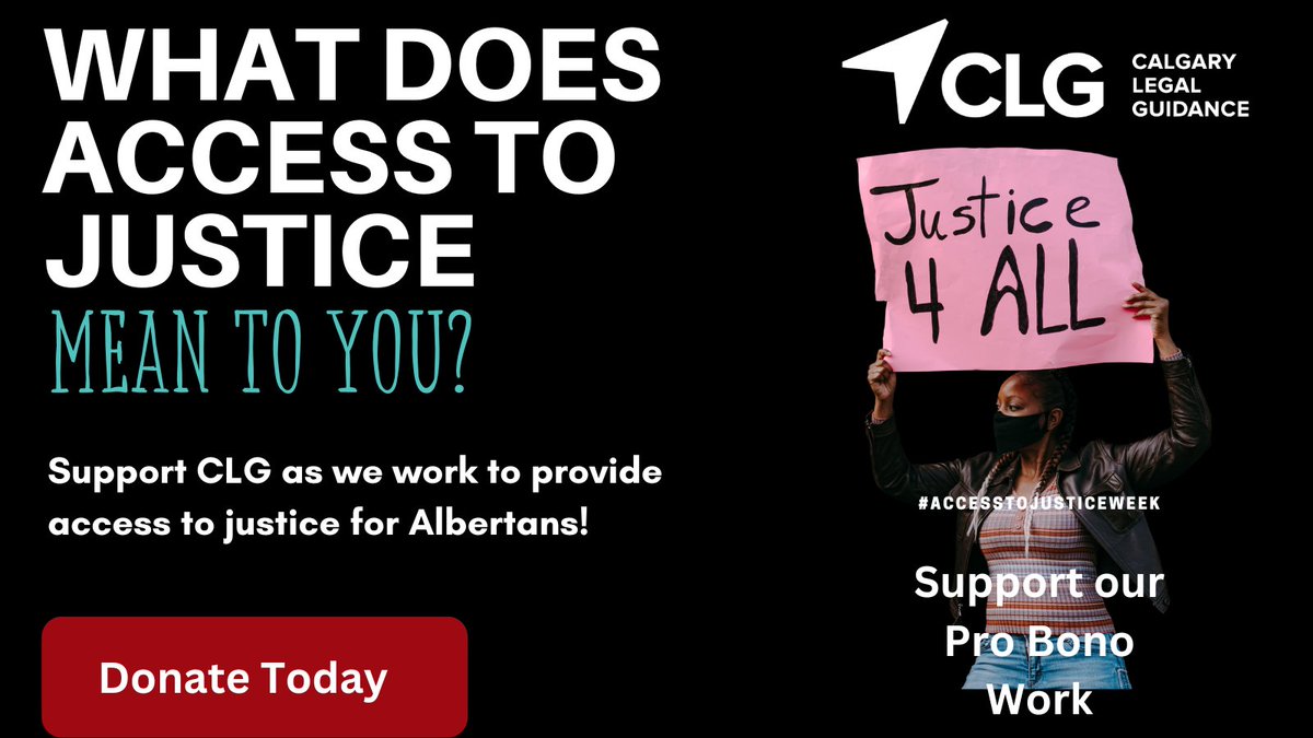 What does #accesstojustice mean to you? In support of #A2JWeek, there are many ways to facilitate access to justice. One way is to donate to #probono orgs such as CLG so we can continue to provide access to legal guidance for low income Albertans. clg.ab.ca/index.php/dona…