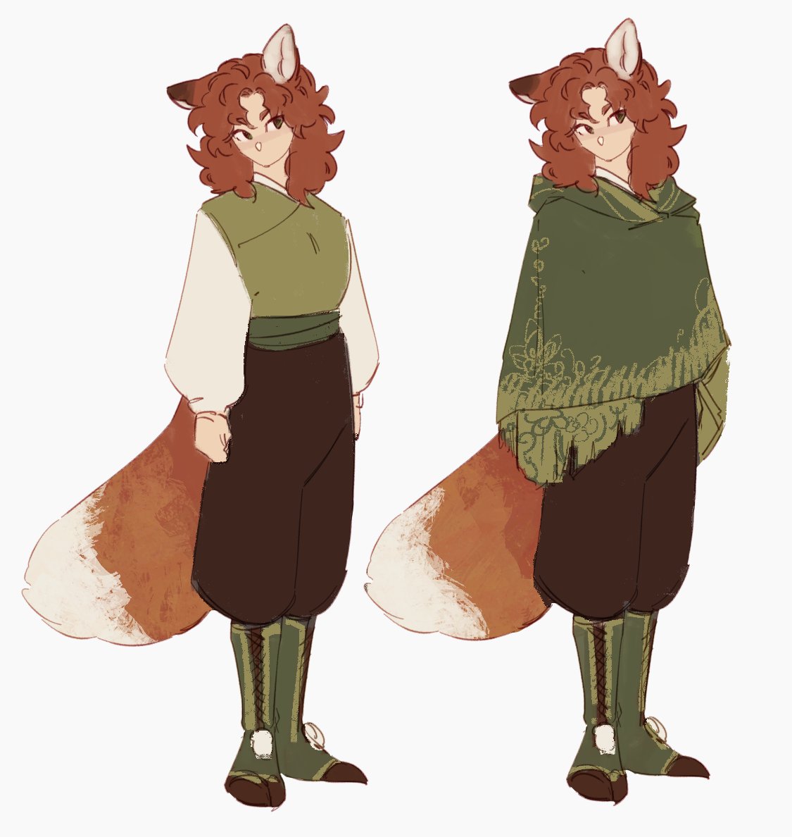 animal ears pants tucked in tail pants boots long sleeves green footwear  illustration images