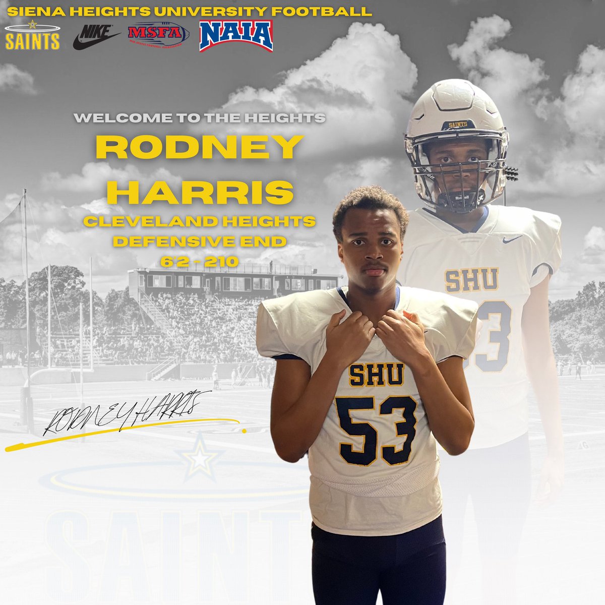 Siena Heights University Football (@sienaheightsfb) on Twitter photo 📝SIGNED
It’s official <a href="/53RJJ/">Rodney Harris</a> is now a Saint!
Welcome to the 517!
#JoinTheHunt #ONE💙💛 📝SIGNED
It’s official <a href="/53RJJ/">Rodney Harris</a> is now a Saint!
Welcome to the 517!
#JoinTheHunt #ONE💙💛