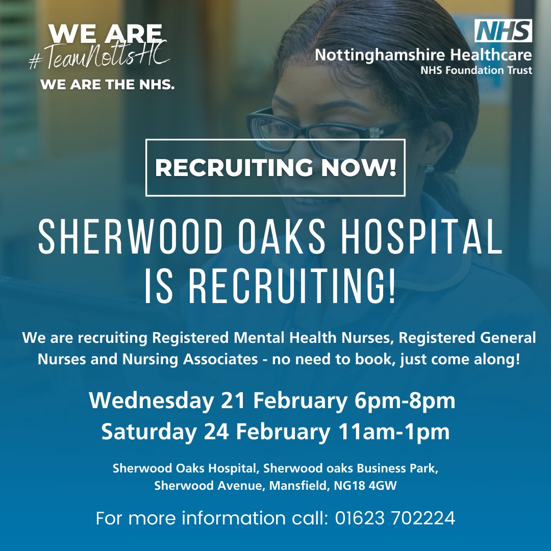 Are you a qualified clinician? Come along to one of the open days to find out how you can join #TeamNottsHC and make a difference! We are recruiting Registered Mental Health Nurses, Registered General Nurses, and Nursing Associates - no need to book - just come along!