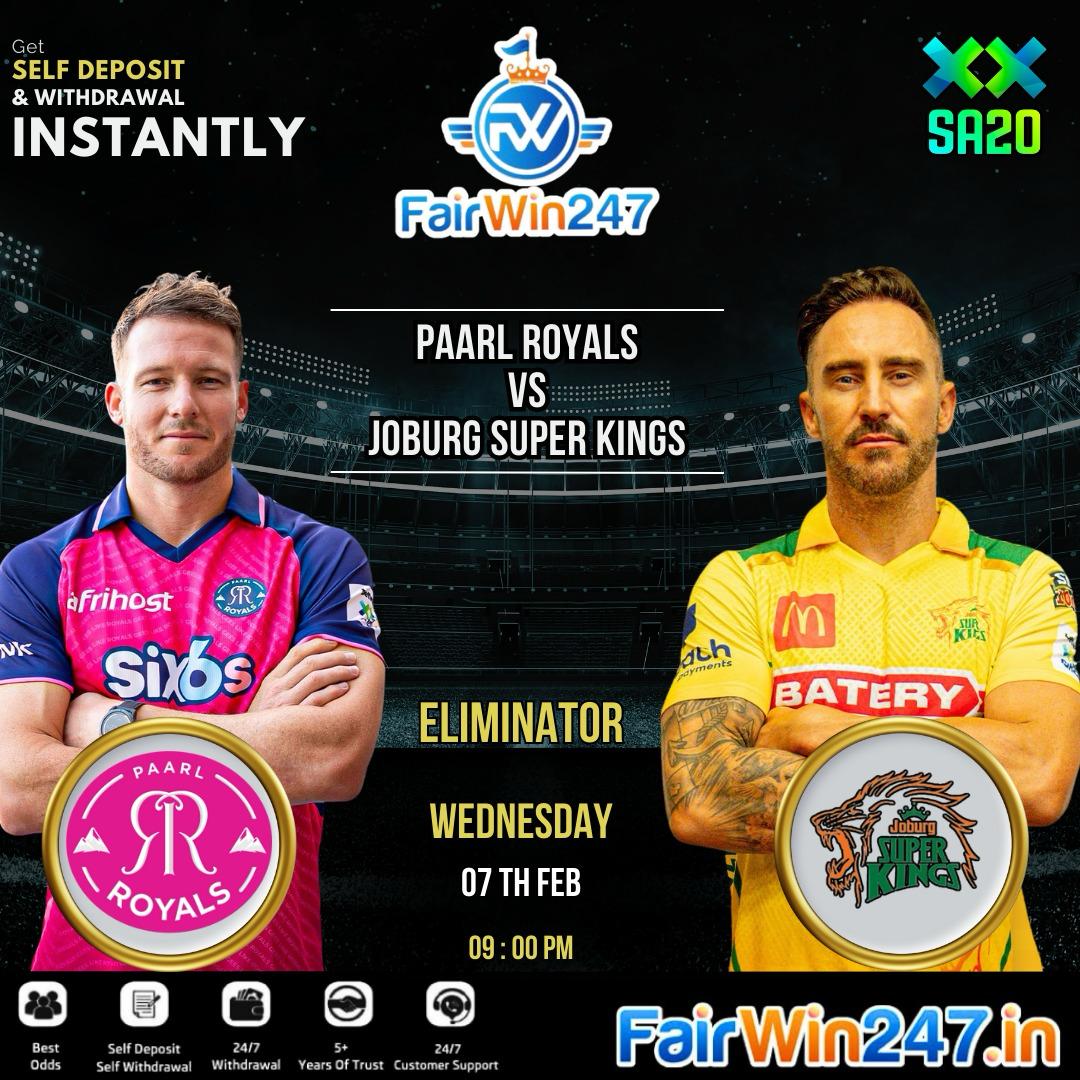 It's the Eliminator in #SA20! 

Who will join Durban's Super Giants in Qualifier 2 - The Royals or the Kings?

Play Now 👉🏻 bit.ly/Fairwin247

▪️Toss
▪️Match Odds
▪️Runline/Fancies
▪️Cash Out
▪️24/7 Service 

Play Now and Win Big !! 

#PRvJSK #JSKvPR