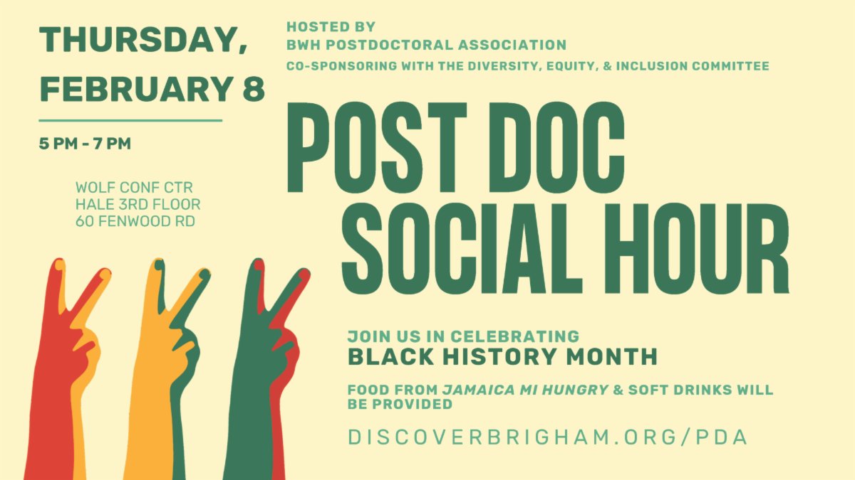 Celebrate Black History Month with us! Enjoy food, music, and company! Brigham postdocs are welcome. The Networking Committee is co-sponsored by the DEI Committee this month. Attend events to enter the giveaway!