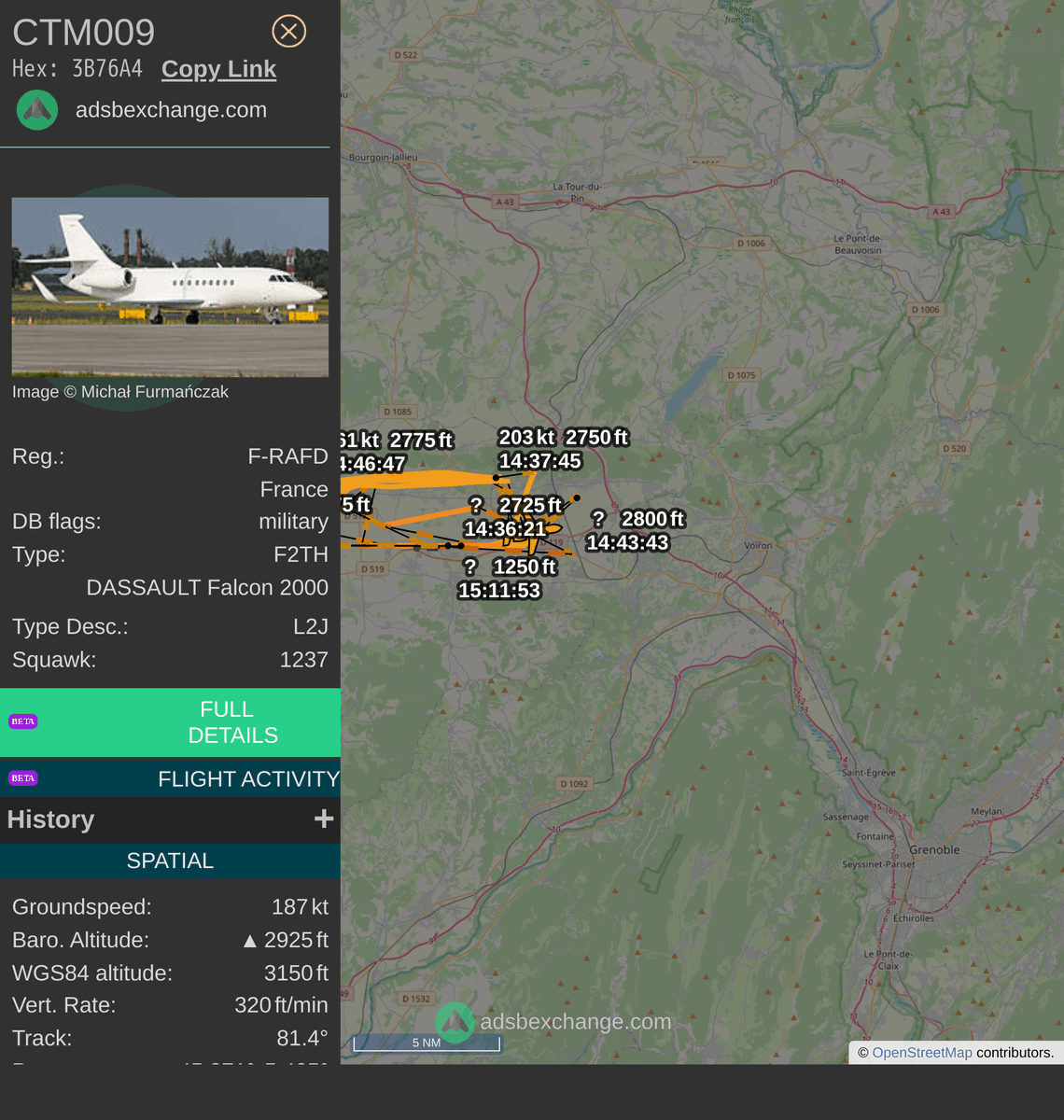 FlottePresident's tweet photo. 🛫 Un Dassault Falcon 2000LX 🇫🇷 République Française vient de décoller près de Saint-Étienne-de-Saint-Geoirs, France.
Vol #CTM009, immatriculation #FRAFD.
Suivre le vol : https://t.co/bYrQZfyDLw https://t.co/b7yLf7gj4h