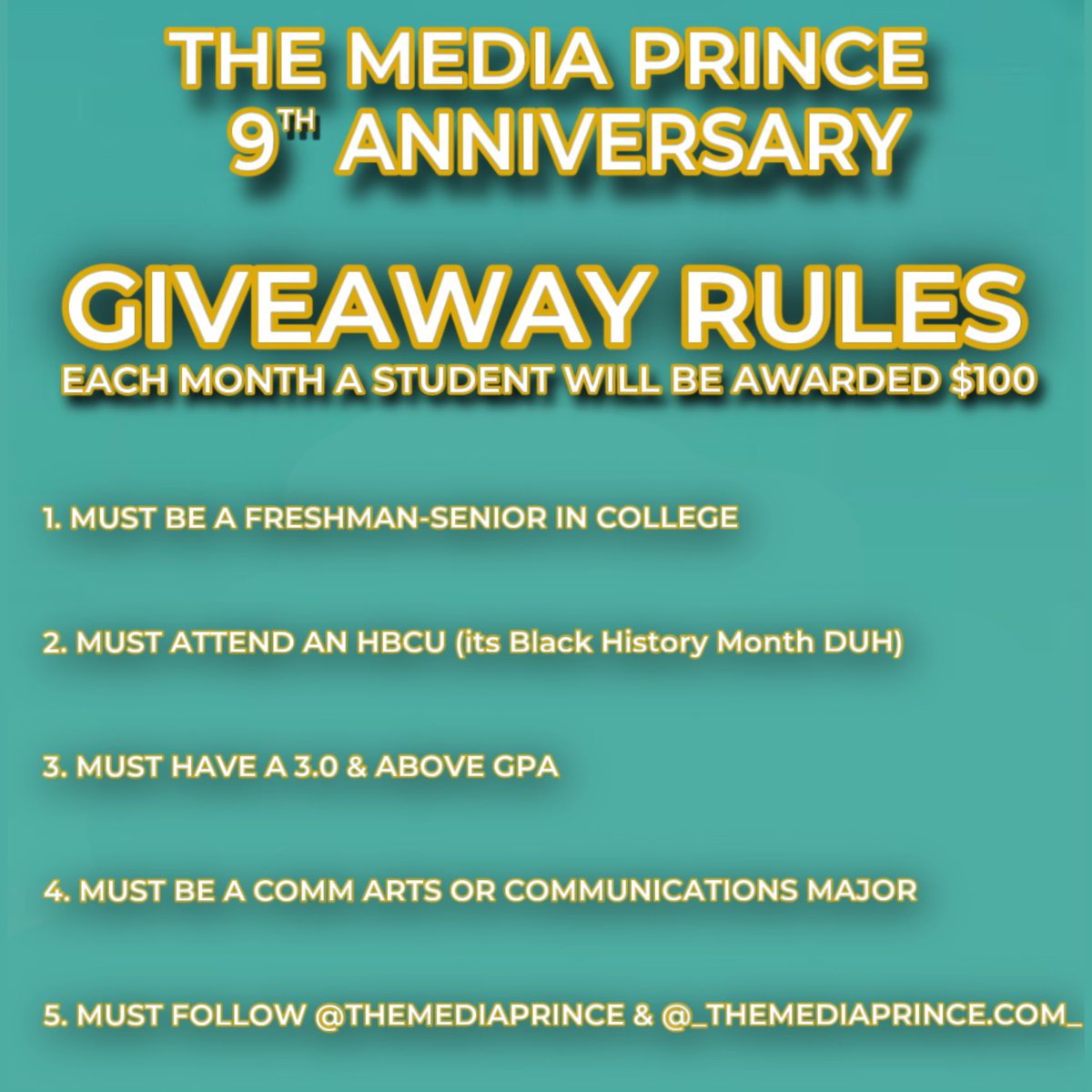Just1Pr's tweet photo. It’s Giveaway Time!
We’re so PROUD of @TheMediaPrince for giving back to the community ❤️
In honor of his anniversary for the next 9 Months, each month he will be gifting a student with $100, only thing is to follow the rules
#HBCU #HBCUExcellence #HBCUCommunity #BlackExcellence https://t.co/8kahHTBAlM