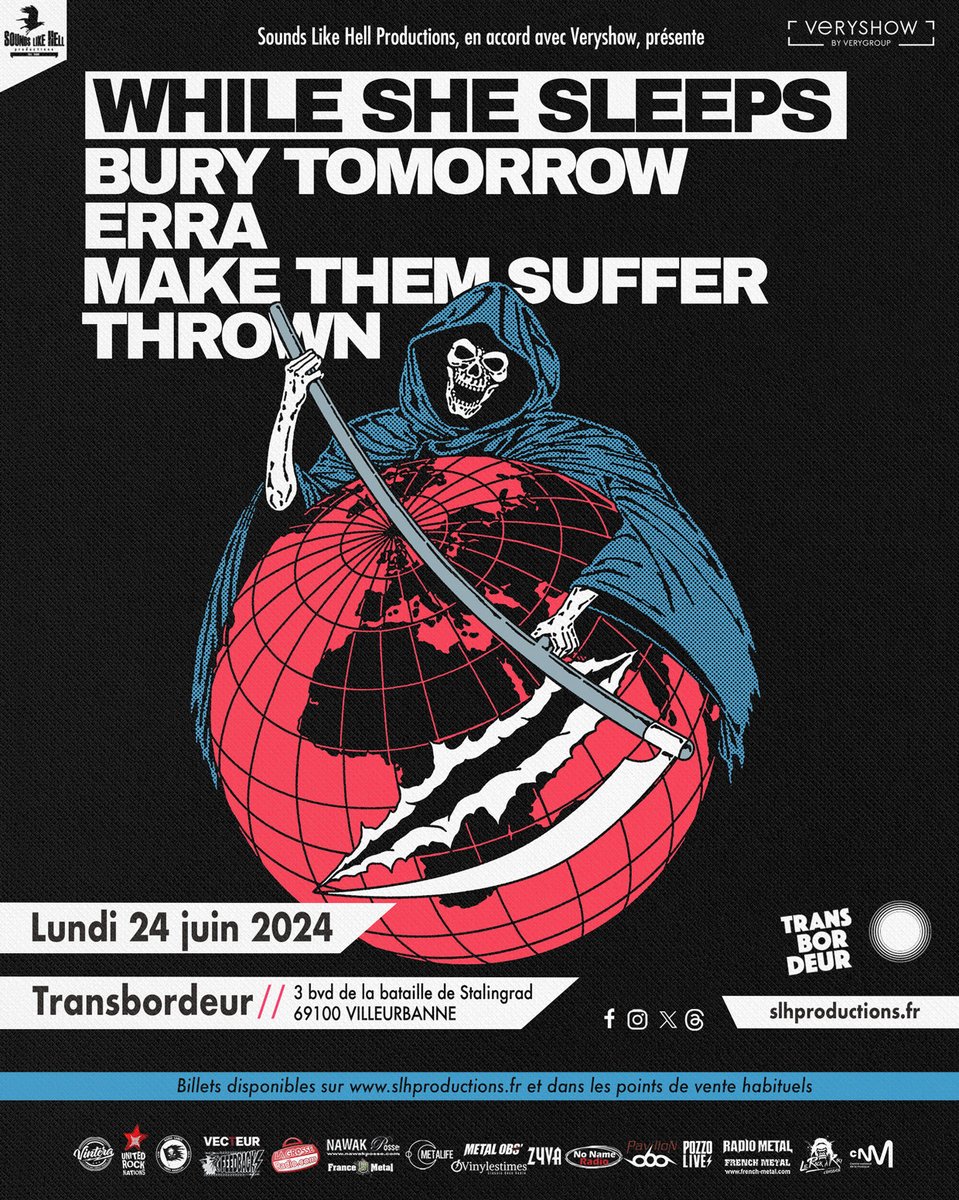 SLHproductions's tweet photo. [ANNONCE] Les fans de Metalcore seront comblés avec une nouvelle affiche d’anthologie au @letransbordeur lundi 24 juin !

@whileshesleeps @burytomorrow @Erra_Band @makethemsuffer et #Thrown seront réunis le temps d'une soirée.

🎫lundi 12.2 10h sur https://t.co/wN4oUawei2 https://t.co/M9hZVrt2gs