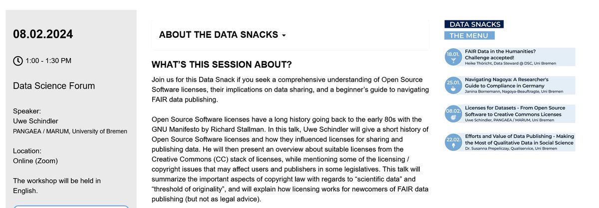Data Science Center (@dsc_bremen@wisskomm.social) (@dsc_unibremen) on Twitter photo Join us at 1PM in Zoom for the next #DataSnack🚀
Uwe Schindler (<a href="/PANGAEAdataPubl/">PANGAEA Data Publisher</a>) will provide practical tips on:
➡️Licenses for Datasets - From Open Source Software to Creative Commons Licenses
Learn about the role of licences for #FAIRdata publishing🤓dsc-ub.de/en/event_detai… Join us at 1PM in Zoom for the next #DataSnack🚀
Uwe Schindler (<a href="/PANGAEAdataPubl/">PANGAEA Data Publisher</a>) will provide practical tips on:
➡️Licenses for Datasets - From Open Source Software to Creative Commons Licenses
Learn about the role of licences for #FAIRdata publishing🤓dsc-ub.de/en/event_detai…