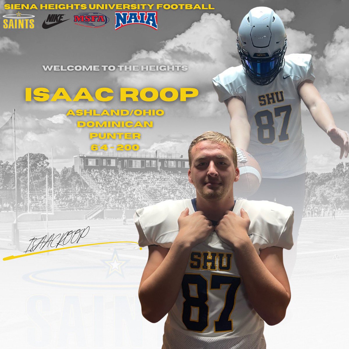 Siena Heights University Football (@sienaheightsfb) on Twitter photo 📝SIGNED
It’s official <a href="/RoopIsaac/">Isaac Roop</a> is now a Saint!
Welcome to the 517!
#JoinTheHunt #ONE💙💛 📝SIGNED
It’s official <a href="/RoopIsaac/">Isaac Roop</a> is now a Saint!
Welcome to the 517!
#JoinTheHunt #ONE💙💛