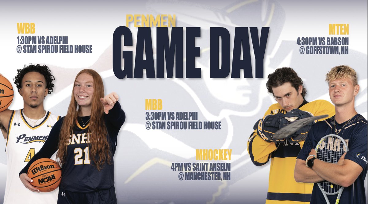 It's game day! @SNHUWBB and @SNHUMBB are home for an NE10 doubleheader, @PenmenIceHockey is across town and the @SnhuTennis men host a match at the YMCA Allard Center. snhupenmen.com/calendar?vtype…