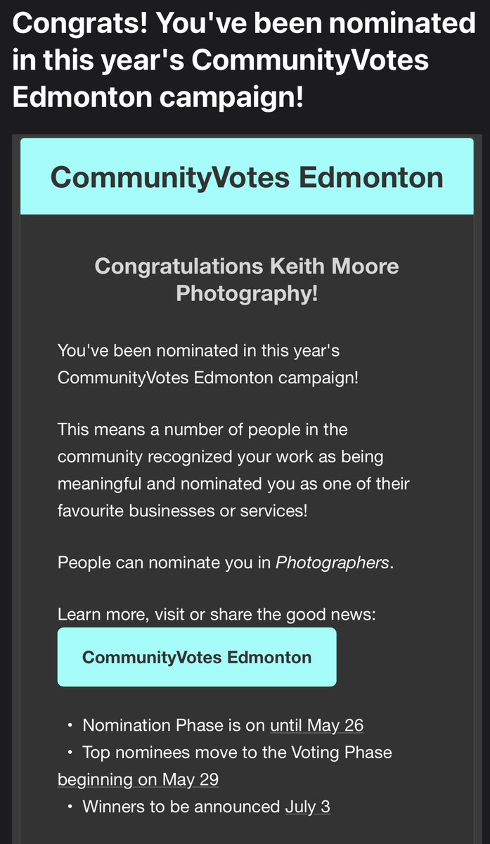 Well, this was a very cool email to wake up too!! Thank you!!! edmonton.communityvotes.com/2024/02/servic… if you have a second & you like my photos, please help with the nominations!! There are a lot of very talented people on this list!!