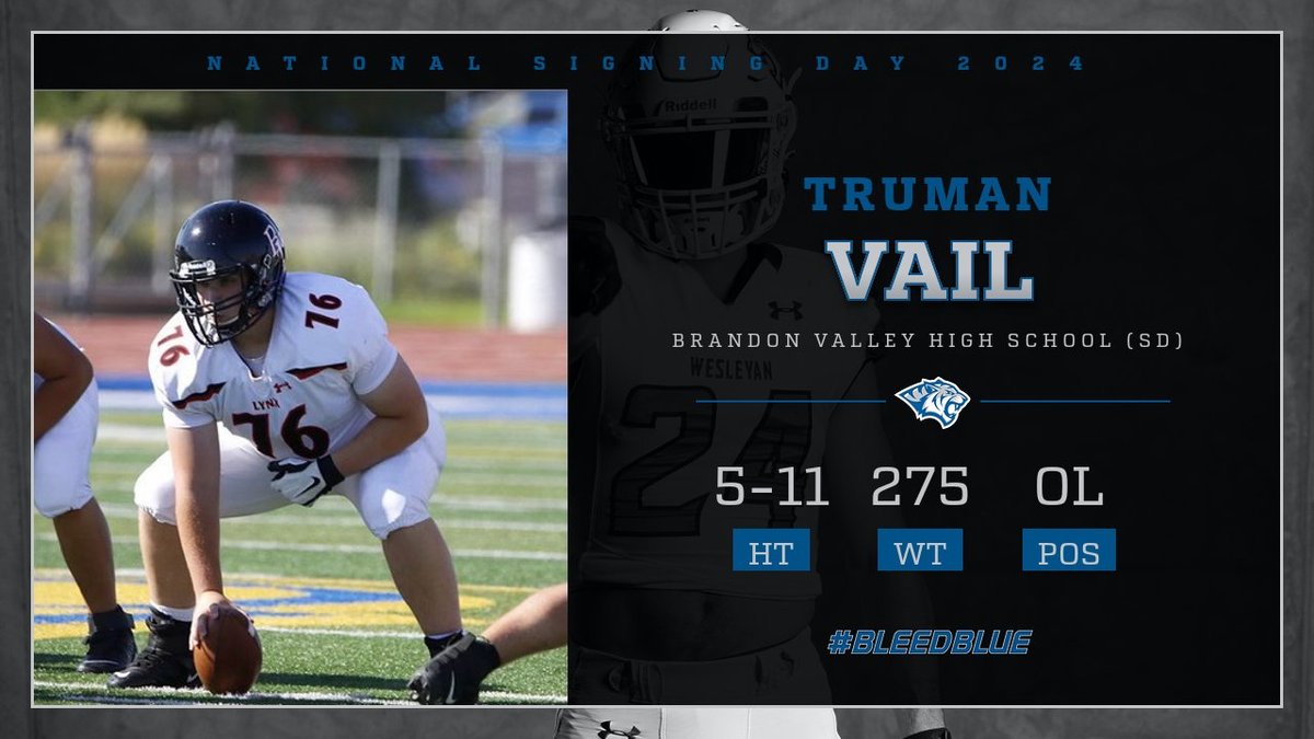DWTigerFB's tweet photo. Our final guy on the OL from the state of SD

Truman Vail was a dual-sport athlete for his entire high school career, competing in football and power lifting. He earned the Brandon Valley Alumni Award and was named the Coca Cola Unsung Hero Award. 

#bleedblue https://t.co/YBTwePRAMB