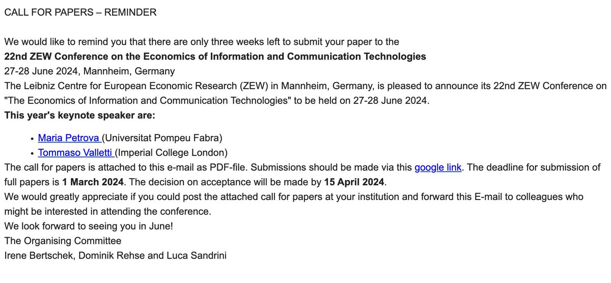 A great conference - Econ of ICT in Mannheim. Deadline coming up. Submit here: eu-central-1.protection.sophos.com/?d=google.com&…