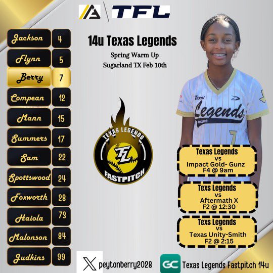 Looking forward to a great weekend of Softball at the Alliance/ Prospect Wire Spring Warm. Blessed to be able to compete with my Teammates! @Tx_LegendsSB @TAProfileAPP @softball_dugout @SBRRetweets @D1Softball @CoastRecruits @ExtraInningSB @AcesSpotlight @MSPtakeover