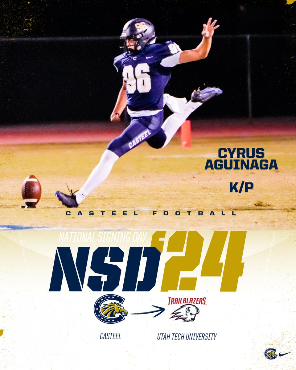 Casteel Football (@casteelfootball) on Twitter photo One of AZ's best kickers is headed north to <a href="/UtahTechFB/">Utah Tech Football</a>! Congrats to <a href="/CyrusAguinaga/">Cyrus Aguinaga</a>!
#ALLIN #TheRise #UtahTechBlazers #NSD2024 <a href="/CasteelAthletic/">Casteel Athletics</a> <a href="/casteeltdclub/">Casteel TD Club</a> <a href="/CoachNewcombe/">Bobby Newcombe</a> <a href="/CUSDAthletics/">CUSDAthletics</a> <a href="/AriannaGrainey/">Arianna Grainey</a> <a href="/gridironarizona/">Gridiron Arizona</a> One of AZ's best kickers is headed north to <a href="/UtahTechFB/">Utah Tech Football</a>! Congrats to <a href="/CyrusAguinaga/">Cyrus Aguinaga</a>!
#ALLIN #TheRise #UtahTechBlazers #NSD2024 <a href="/CasteelAthletic/">Casteel Athletics</a> <a href="/casteeltdclub/">Casteel TD Club</a> <a href="/CoachNewcombe/">Bobby Newcombe</a> <a href="/CUSDAthletics/">CUSDAthletics</a> <a href="/AriannaGrainey/">Arianna Grainey</a> <a href="/gridironarizona/">Gridiron Arizona</a>