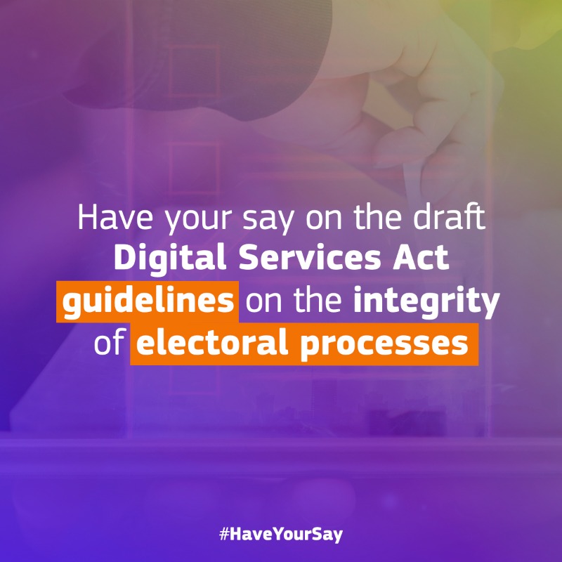 DigitalEU's tweet photo. Have your say on the draft #DSA guidelines on the integrity of electoral processes.
 
These guidelines aim to present VLOPs &amp; Search Engines with best practices &amp; measures to mitigate systemic risks on their platforms that may threaten integrity of democratic electoral processes.