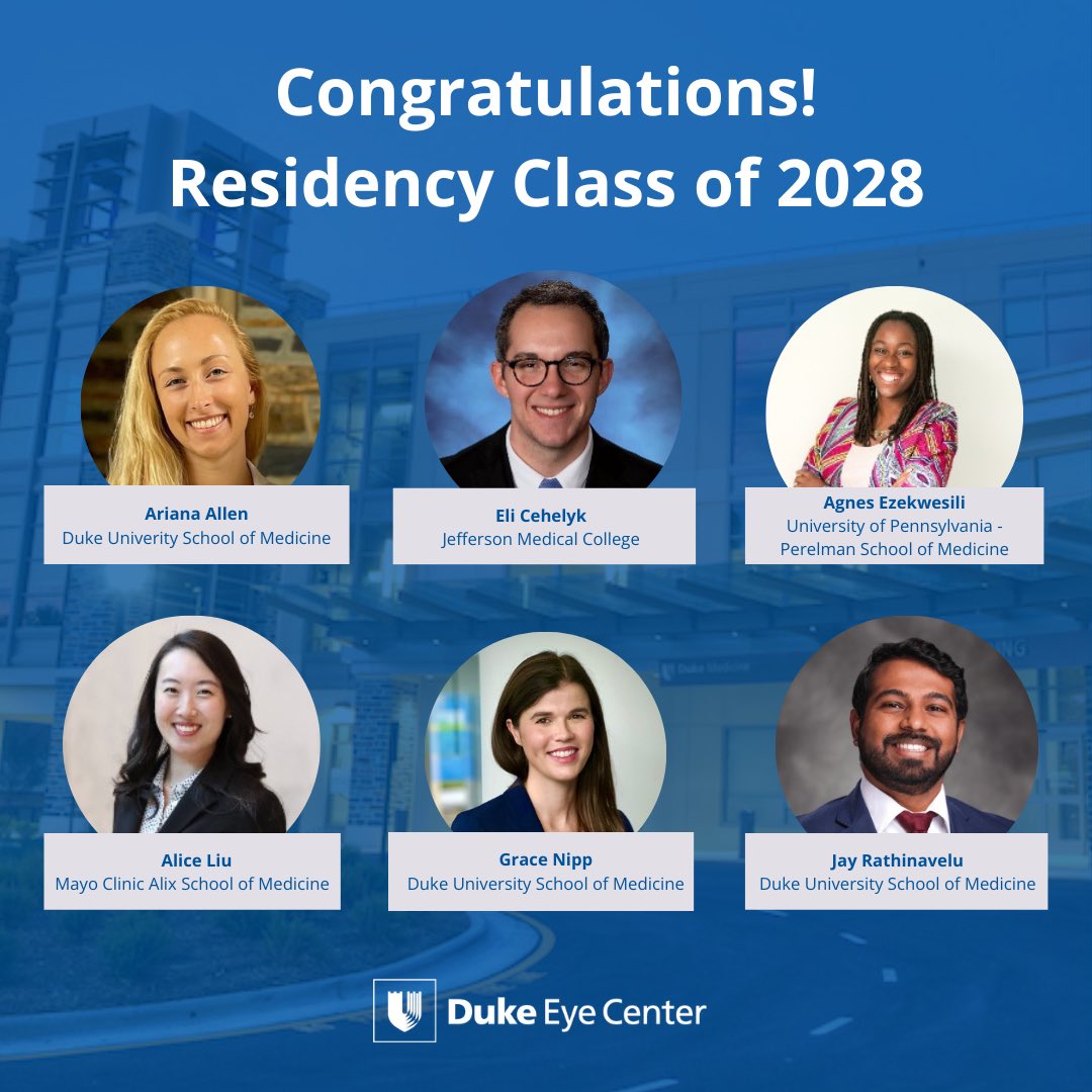 Duke Eye Center (@dukeeyecenter) on Twitter photo We’re proud to announce our newest residents! Congratulations on your match and welcome to the Duke Eye Family💙💙💙
<a href="/DukeHealth/">Duke Health</a> <a href="/DukeMedSchool/">Duke University School of Medicine</a>
#matchday We’re proud to announce our newest residents! Congratulations on your match and welcome to the Duke Eye Family💙💙💙
<a href="/DukeHealth/">Duke Health</a> <a href="/DukeMedSchool/">Duke University School of Medicine</a>
#matchday