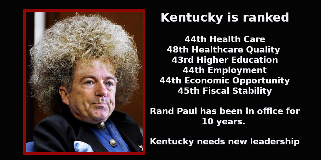 @RandPaul .
#Kentucky is ranked:

44th #HealthCare
48th #HealthcareQuality 
43rd #HigherEducation
44th #Employment
44th #EconomicOpportunity
45th #FiscalStability

@RandPaul has been in office for almost 13 years. Kentucky needs new leadership